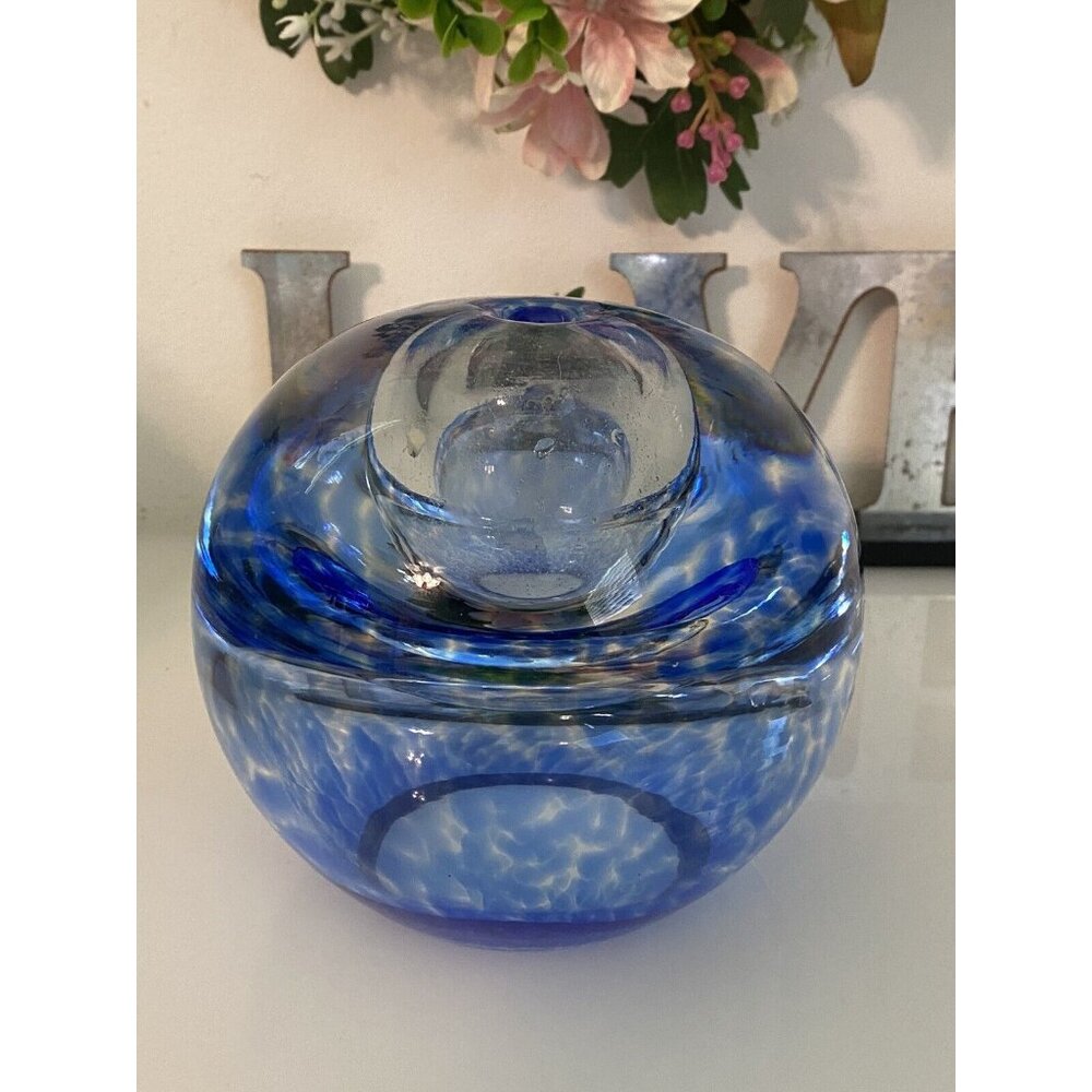 Artist Made Hand Blown Vase Paperweight Oil Light Blue & Clear Crystal Czech Rep